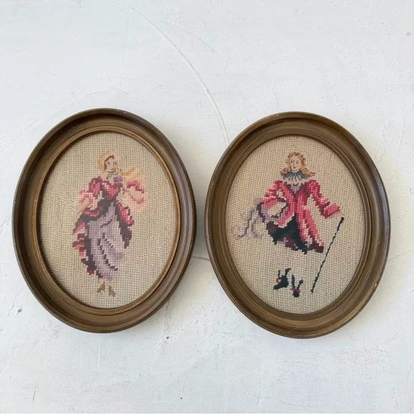 Vintage Victorian Needleworks Wall Decor Cross Stitch Embroidery Set of 2 - Picture 1 of 9